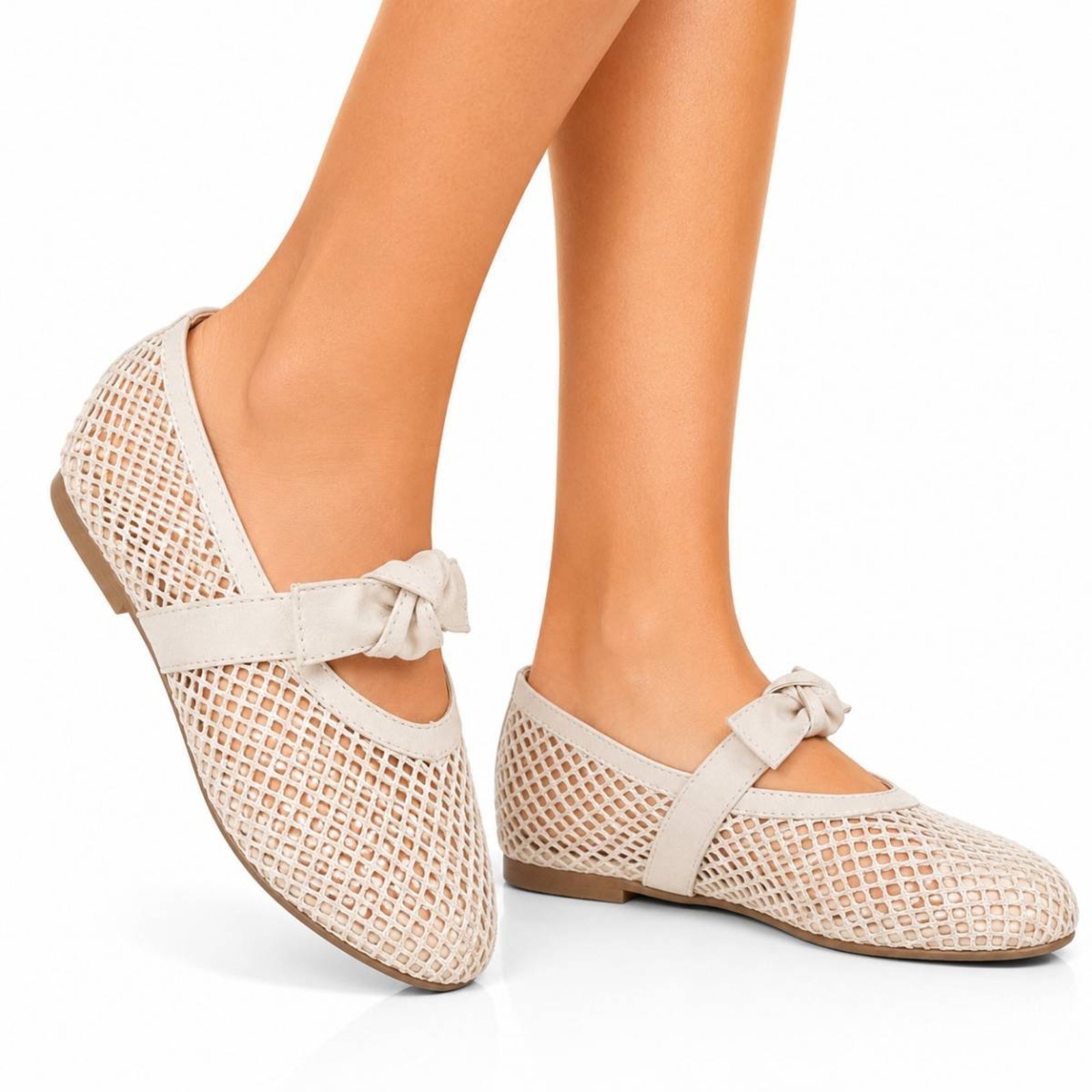 Sapatilha Boneca Flor da Pele em Tela Vazada Tira Com Laço Delicado 5406 Off White