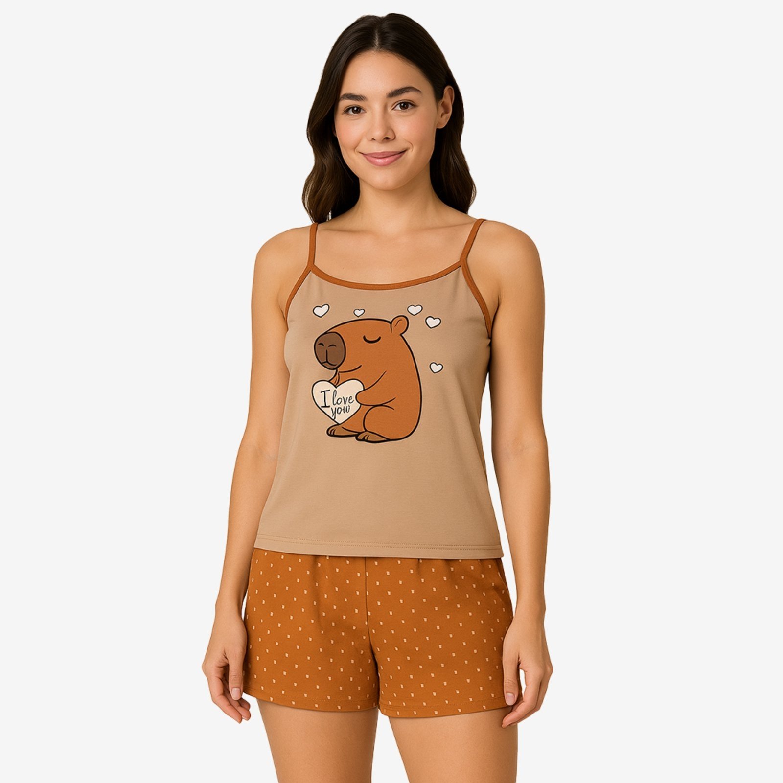 Conjunto de Verão Gabi Lingerie Capivara Baby Doll Elegante Alcinha Estampado Pijama Sensual Bege