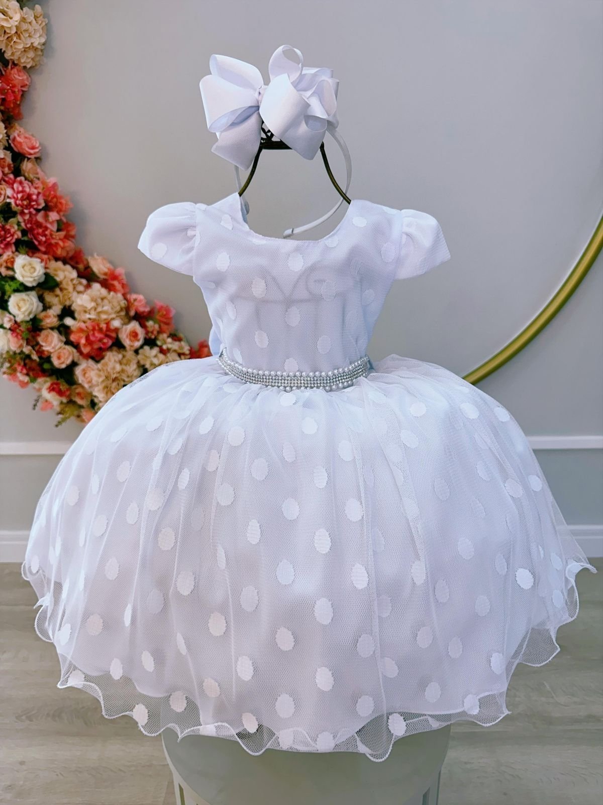Infantil - Vestido Festa Branco Poá Bolinhas Florista Casamento Dama Daminha Social Menina Juvenil Pérolas Princesa Rodado Aniversário Luxo