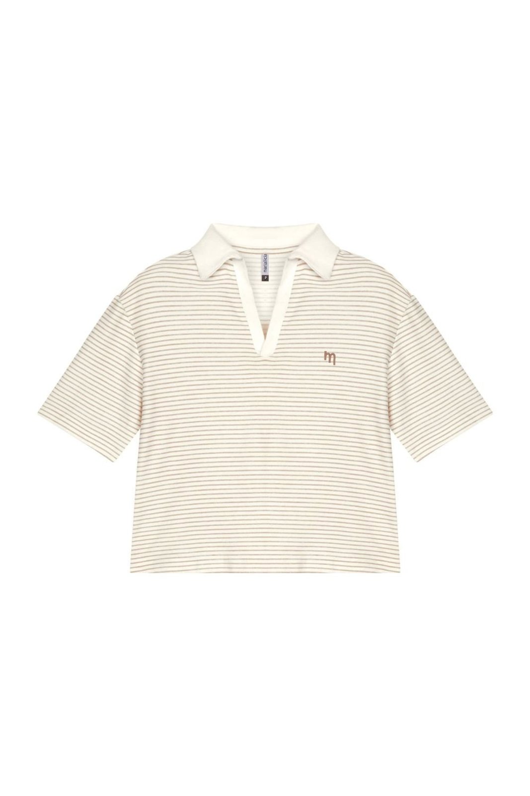 Blusa Polo Feminina Listrada Decote V Marialícia Bege
