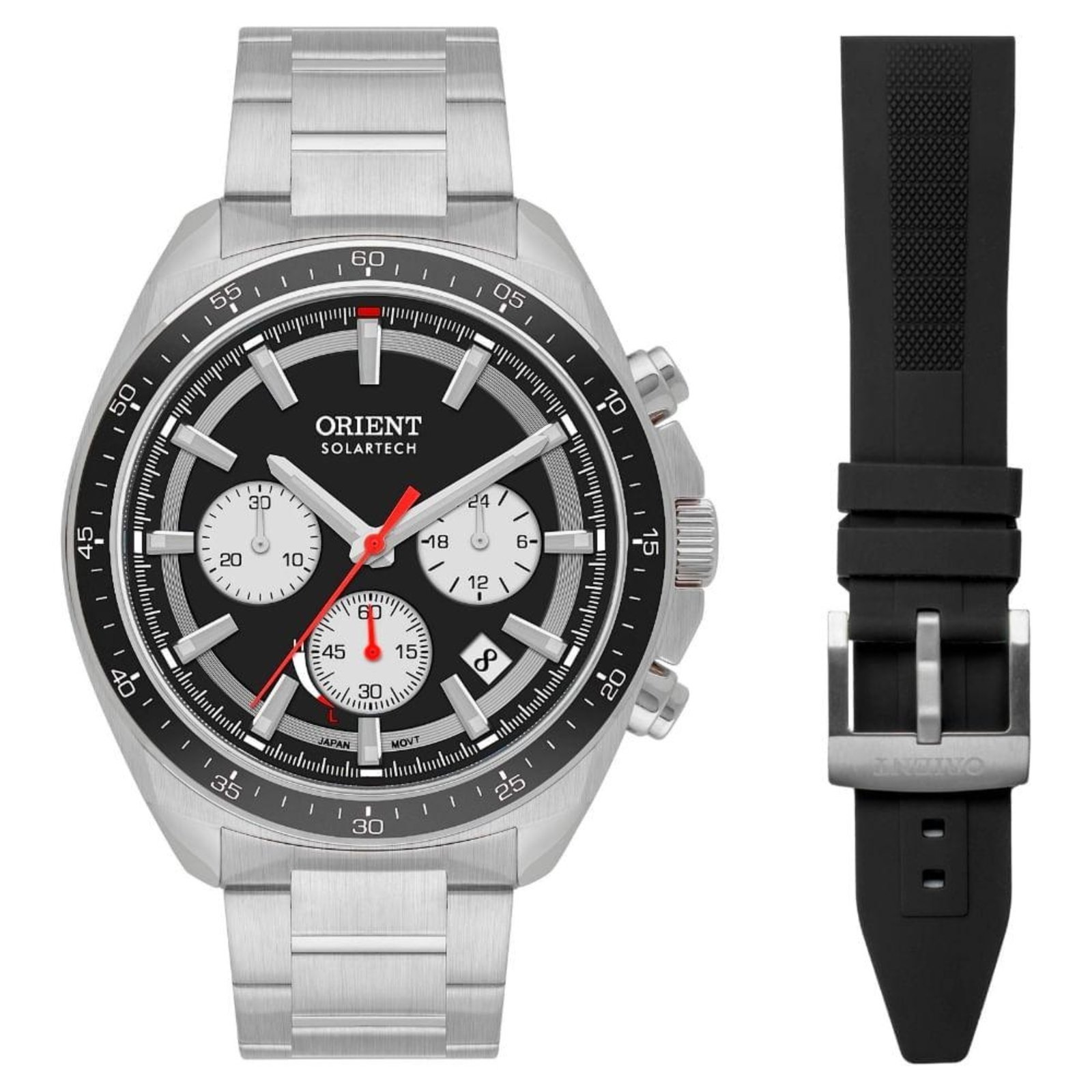 Relógio Masculino Orient Solartech Cronógrafo Pulseira Extra Exclusivo MBSSC291 PSSX Preto
