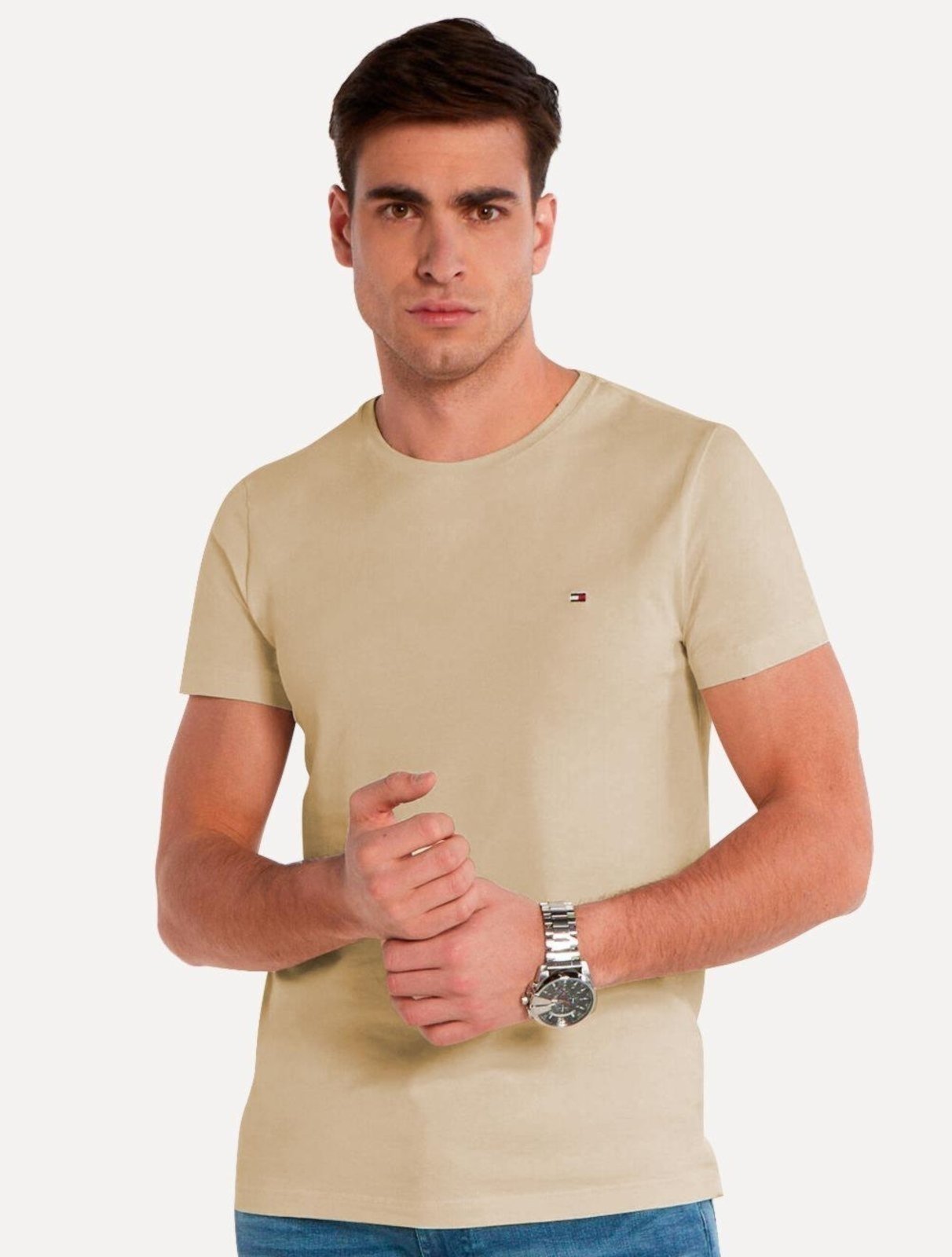 Vista 3 Camiseta Tommy Hilfiger Masculina Essential Cotton Claro cáqui Tommy Hilfiger cáqui