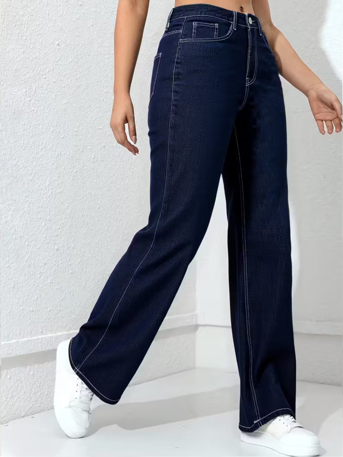 Calça Wide Leg Feminina Kovali Fashion Store Confortavel e Básica Tecido Premium Azul Escura