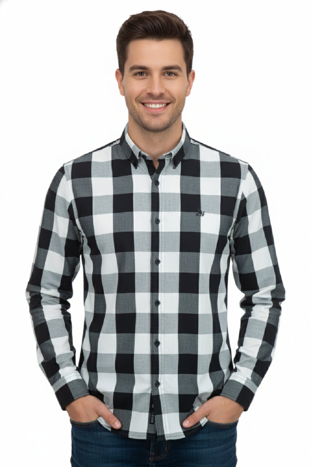 Camisa Manga Longa Amil Modelagem Slim Tecido Algodão Xadrez Clássico Cinza 1899 6