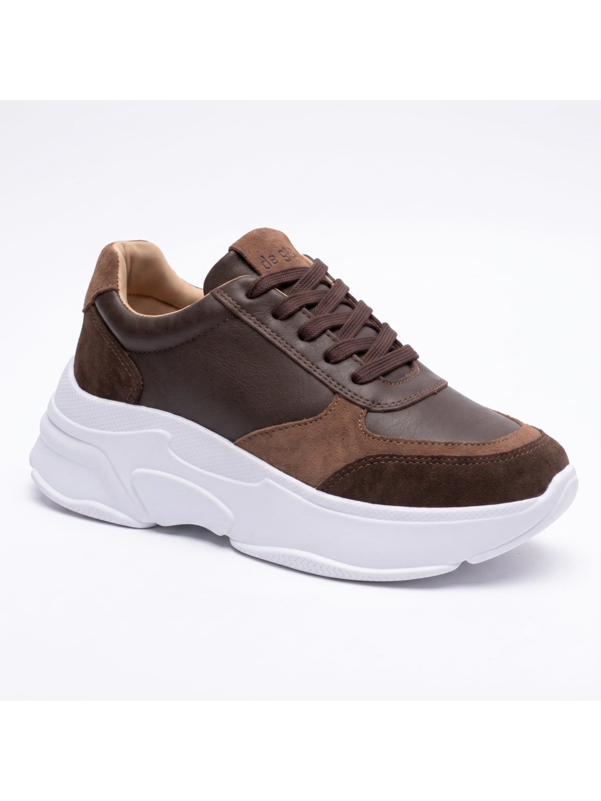 Tênis Chunky Feminino Couro Sola Alta Cadarço Conforto Leve Marrom