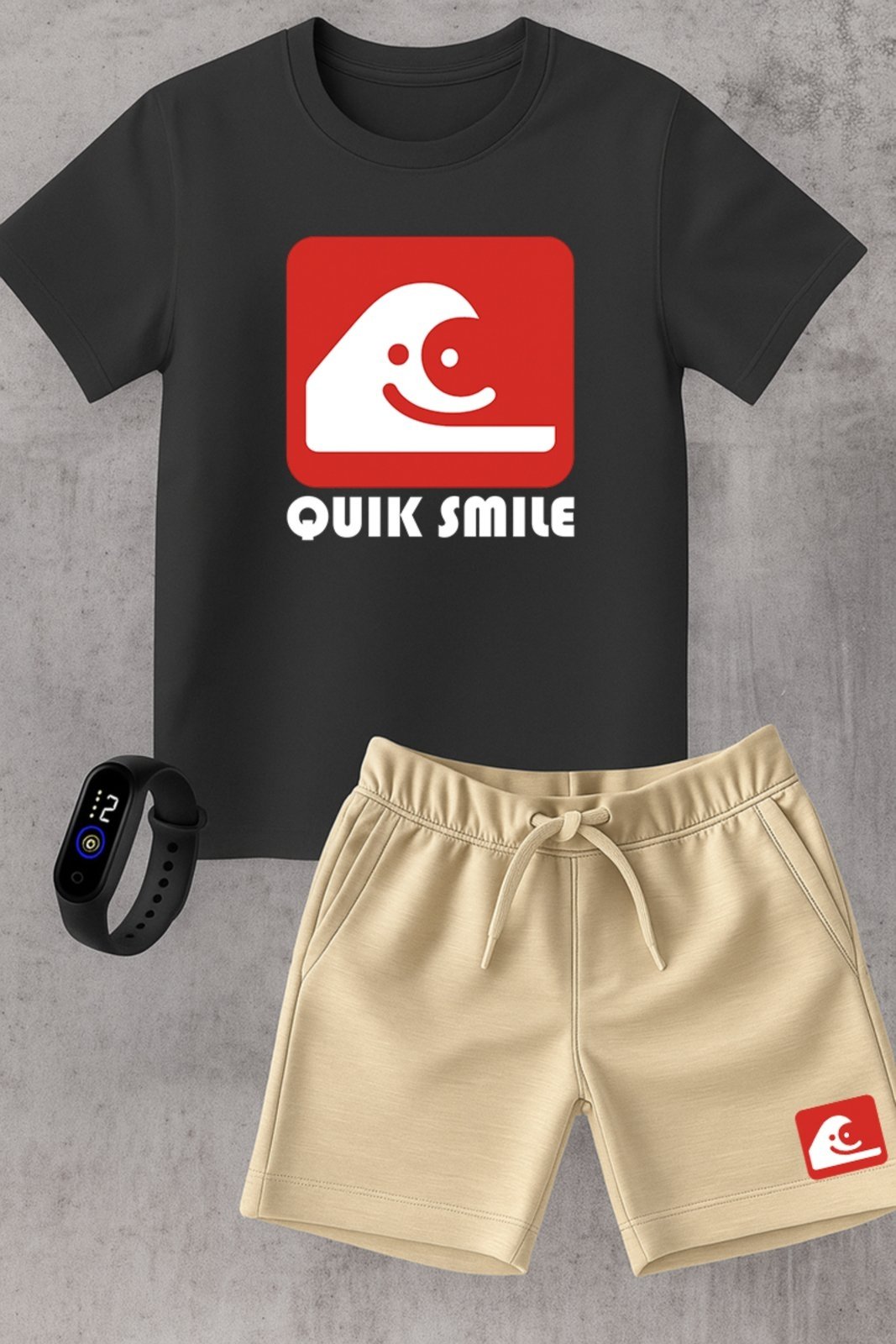 Infantil - Kit Camiseta menino Urbania Algodão preta Short Bermuda bege menina Conjunto black promoção oferta + brinde relogio estampa quik smile estilo silver