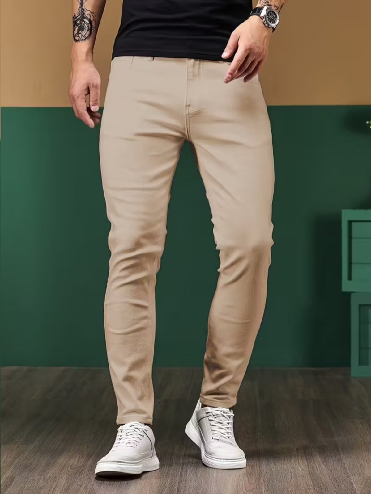 Calça Sarja Masculina Alpha Street Wear Casual e Básica Confortável Dia a Dia Bege