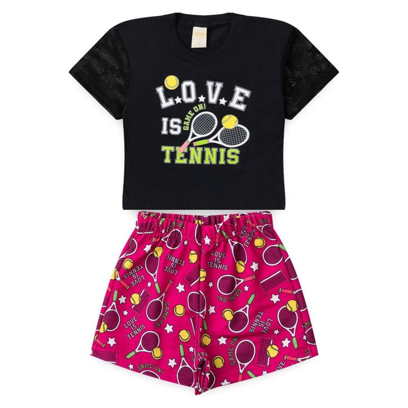 Infantil - Conjunto Verão Menina Preto Cropped e Shorts Love Tennis