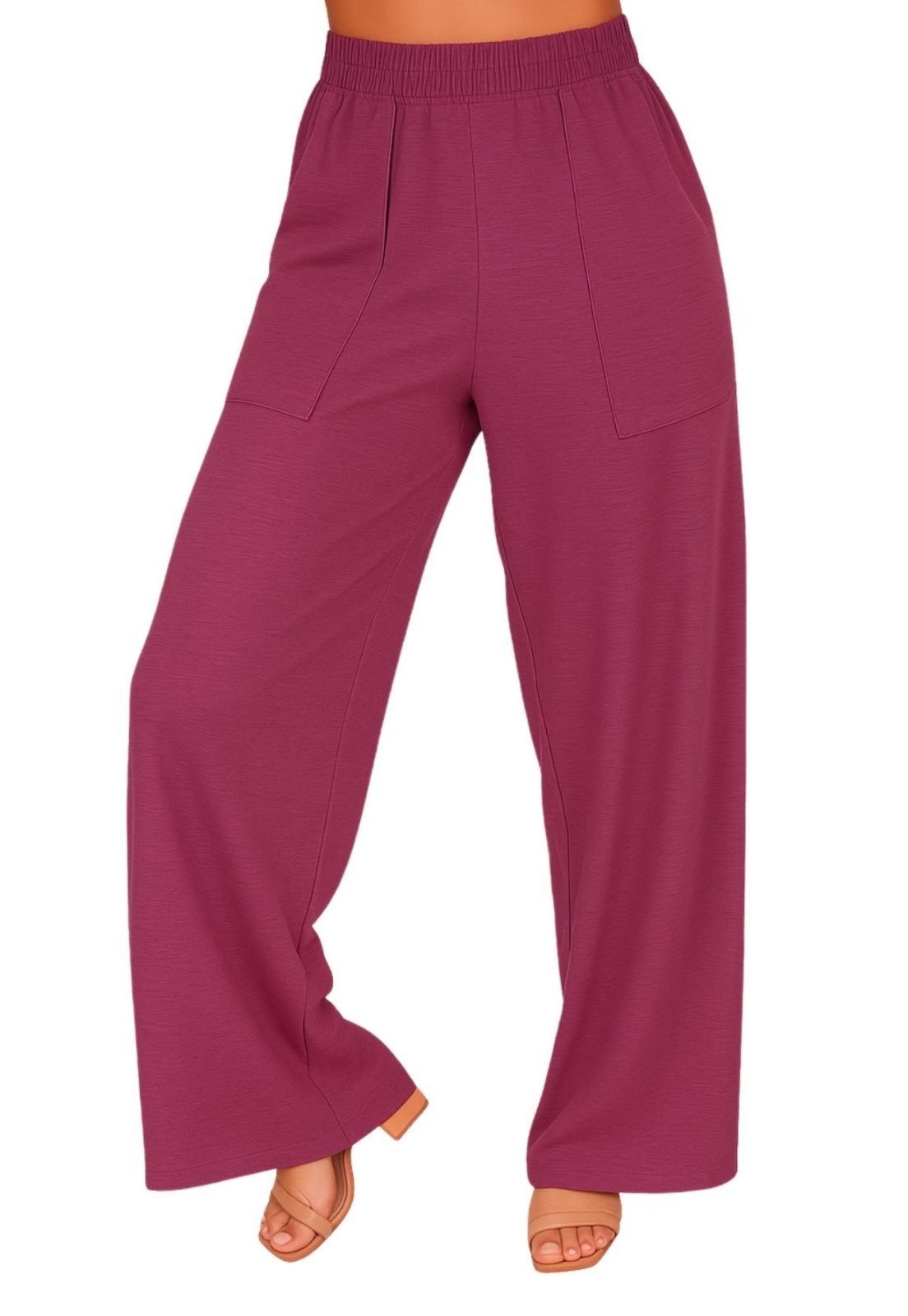Calça Feminina Wide Leg Pantalona Cintura Alta com Bolso de Moletinho Inverno Vinho