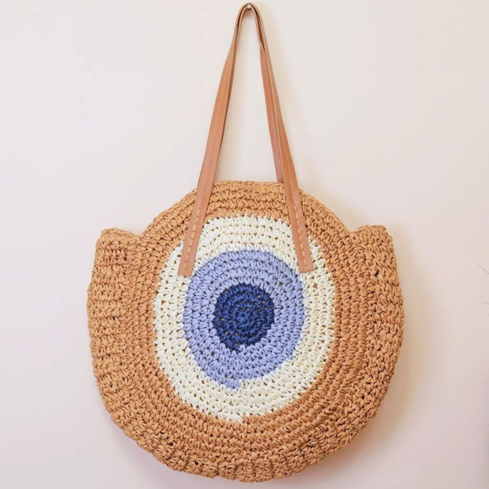 BOLSA DE PRAIA GRANDE OLHO GREGO EM PALHA – MYKONOS – Bege – MELLOW BRAZIL