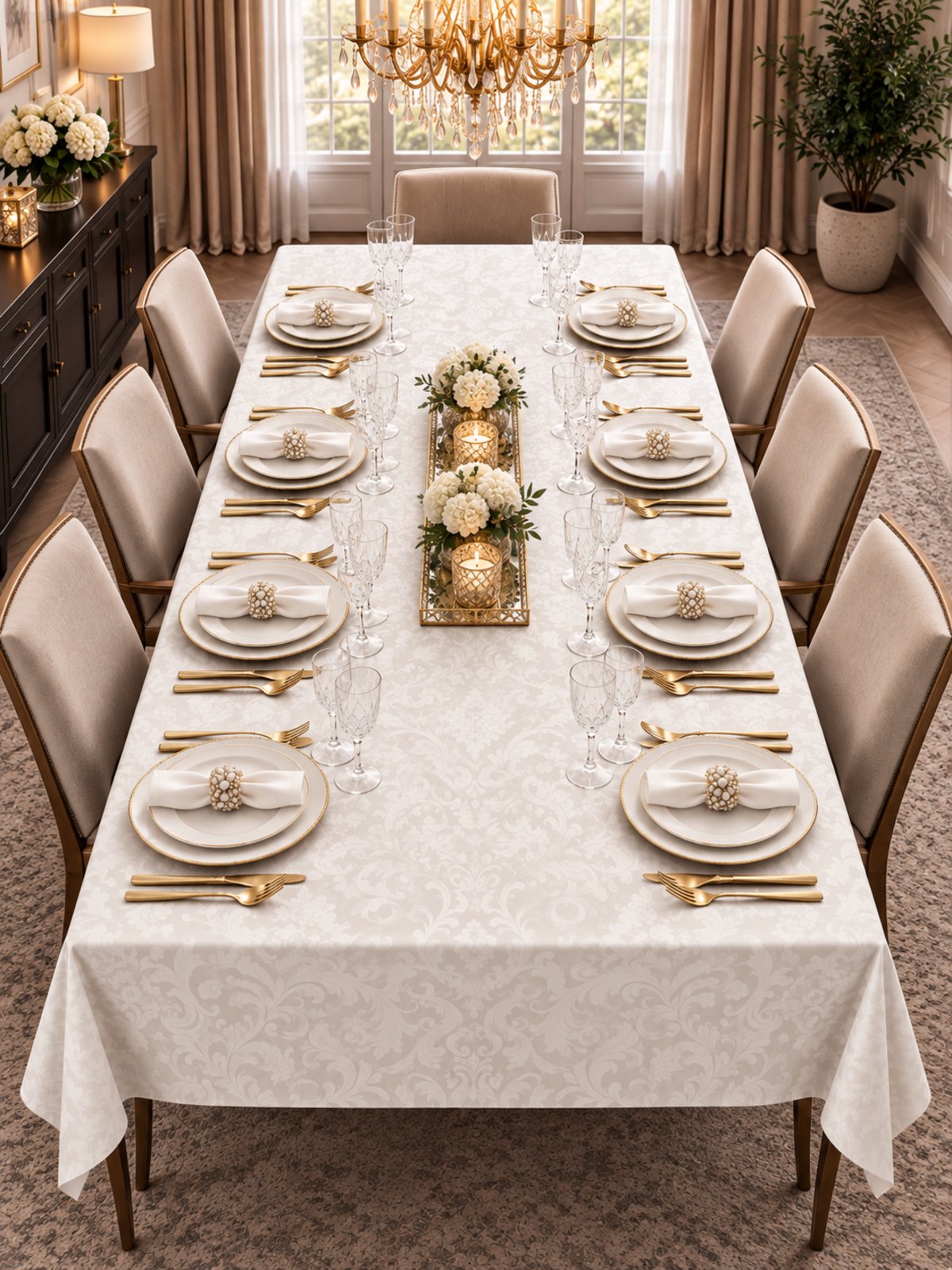 Toalha de Mesa Jacquard 8 Lugares Requinte Clássico Branca