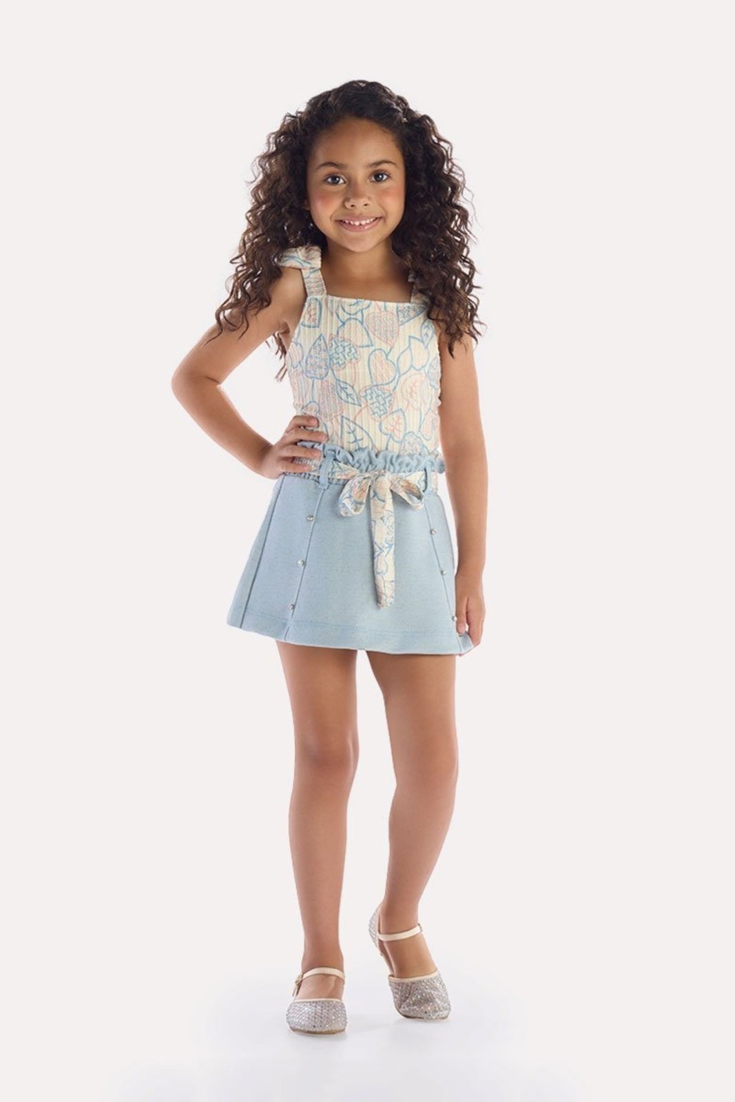 Infantil - Conjunto Blusa Azul com Brilho e Short-Saia Clochard