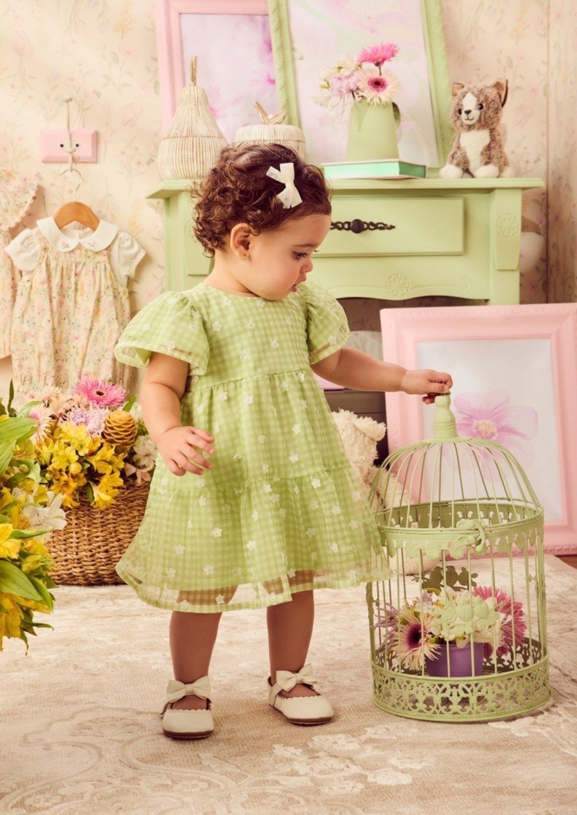 Infantil - Vestido Verde Xadrez Vichy de Tule Floral