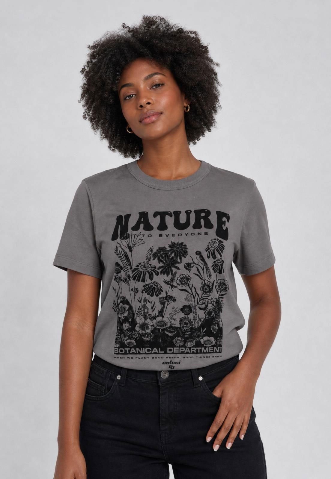 Camiseta Feminina Colcci Estampa Botânica Cinza