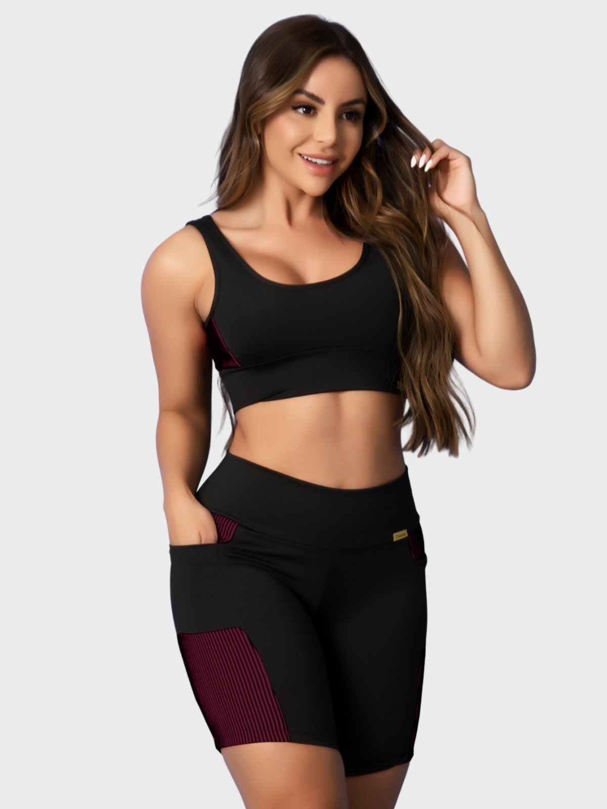 Conjunto Fitness Tarelles Top Short Bolso 3D Preto e Bordô