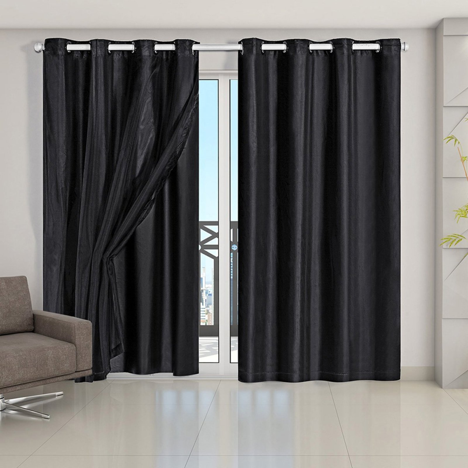 Cortina Daily Varão 2M Blackout PVC Com Voil 2,80mx2,30m Sala Quarto Preto