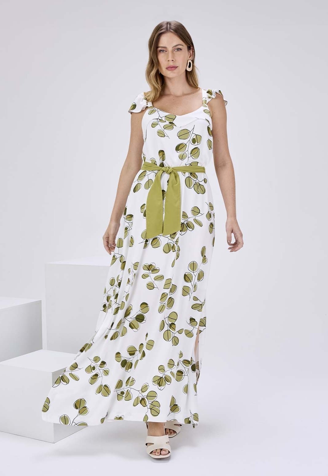 Vestido Longo Babados na Manga Kímika Estampado