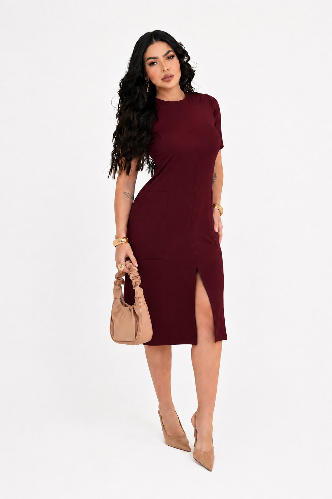 Vestido Midi D Bell Outlet Fashion Moletinho Comfy Vinho