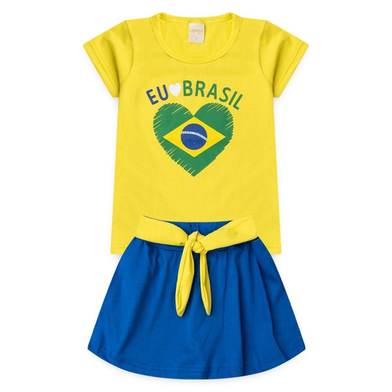 Infantil - Conjunto Brasil Menina Amarelo Blusa e Shorts Saia com Amarração Copa do Mundo