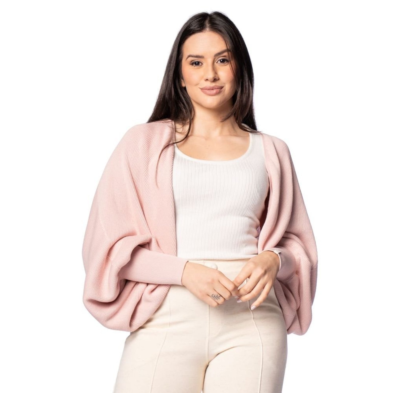 Bolero Feminino Biamar Tricot Morcego Rosa Claro