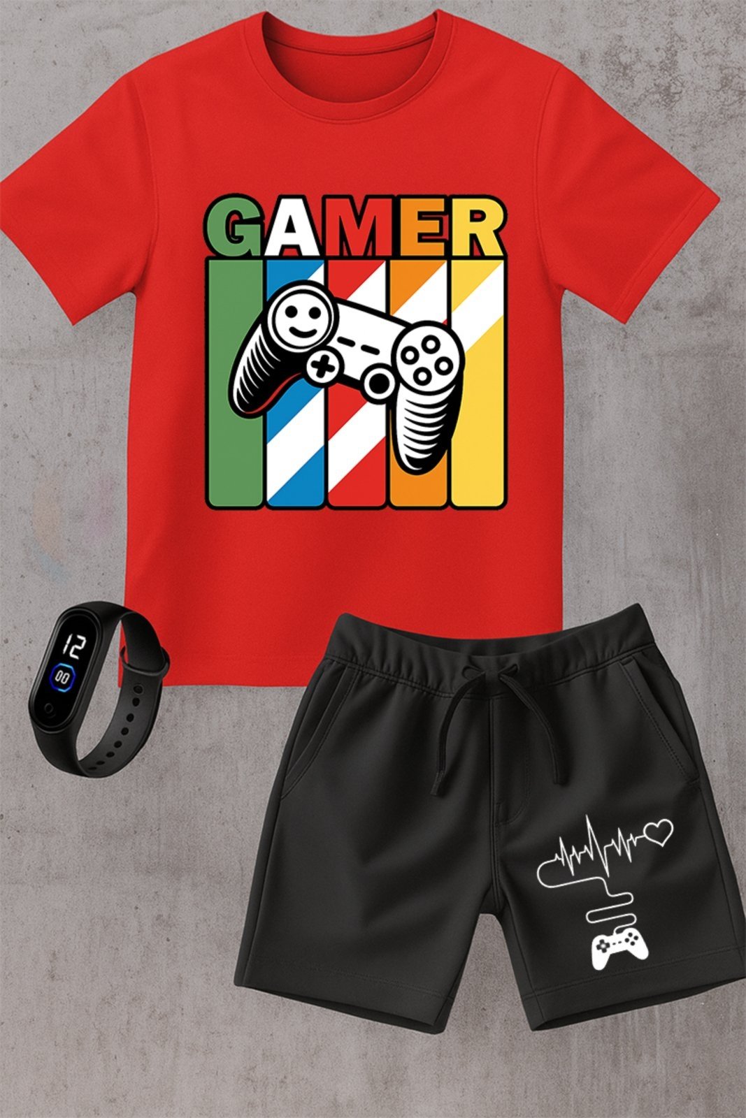 Infantil - Kit Gamer Urbania Camiseta 100% Algodão Vermelha Bermuda Moletinho Preta Estampada Brinde Relógio Digital Conforto e Estilo black