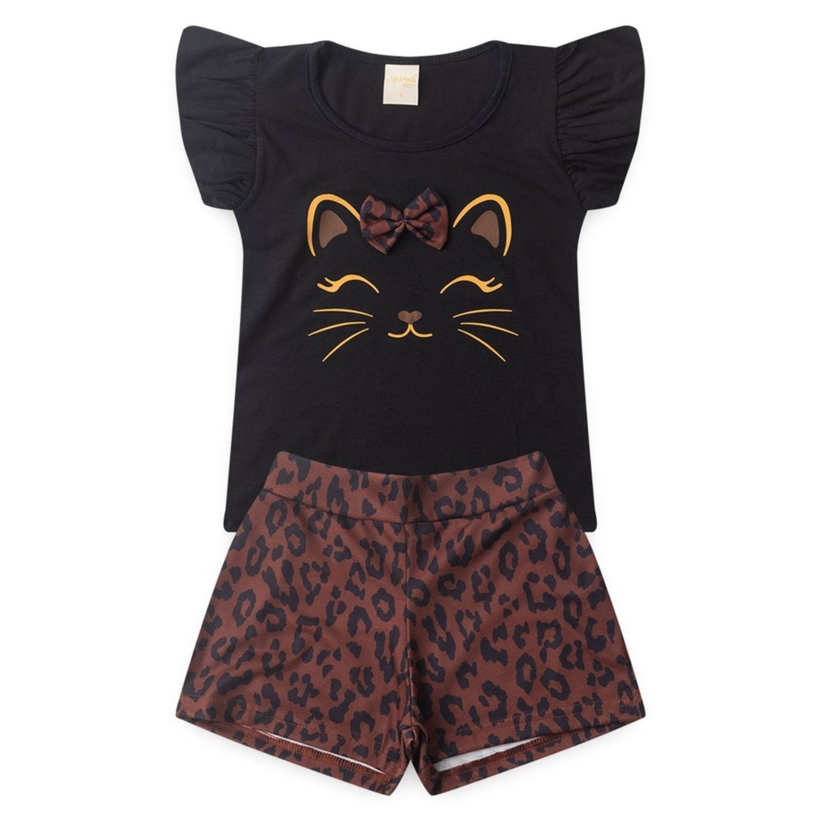 Vista 3 Infantil - Conjunto Molekada Verão Menina Blusa com Laço e Shorts Oncinha preto Molekada preto