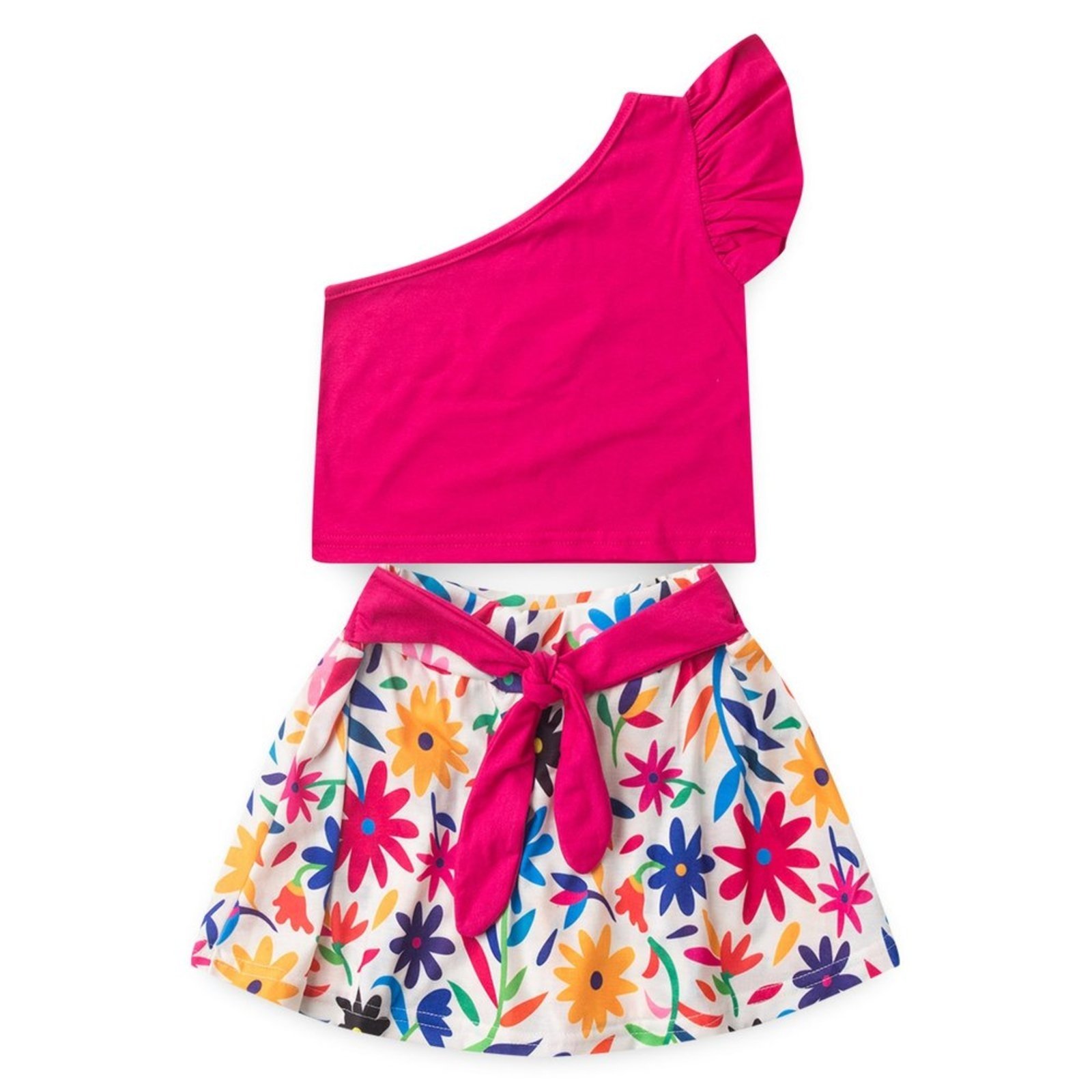 Vista 3 Infantil - Conjunto Verão Menina Pink Cropped um Ombro Só e Shorts Saia com Faixa Florido Molekada rosa pink Molekada rosa pink