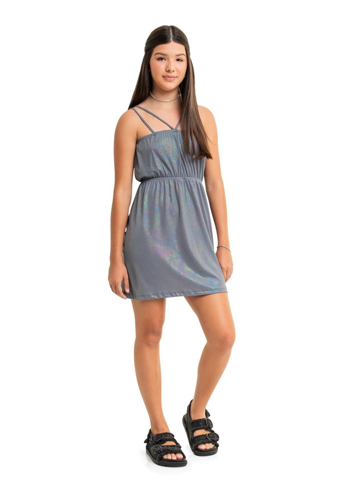 Infantil - Vestido Holográfico Juvenil Gloss Cinza