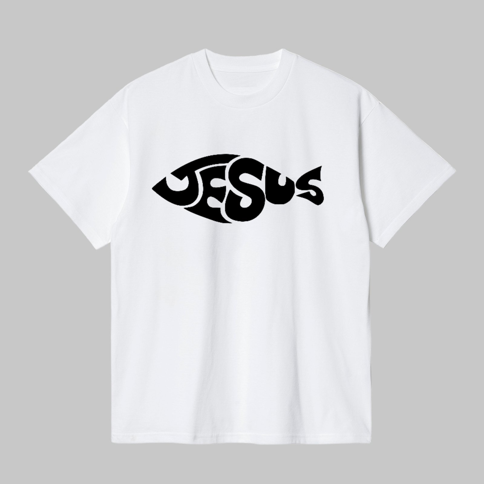 Camiseta Básica Jesus Peixe Cristão Símbolo Fé Minimalista Branco