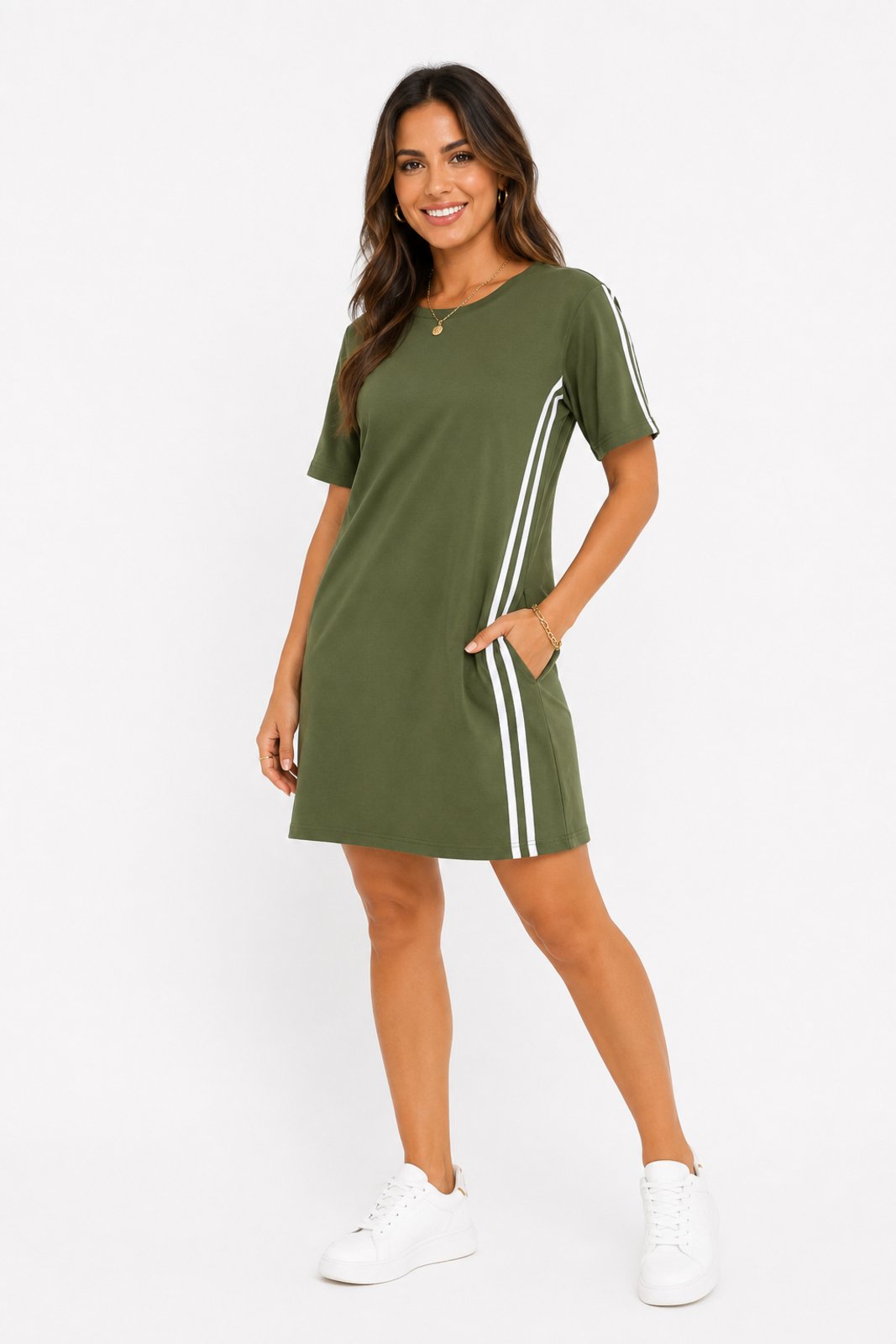 Vestido Curto D Bell Outlet Fashion Moletinho Comfy Listras Laterais Verde Militar
