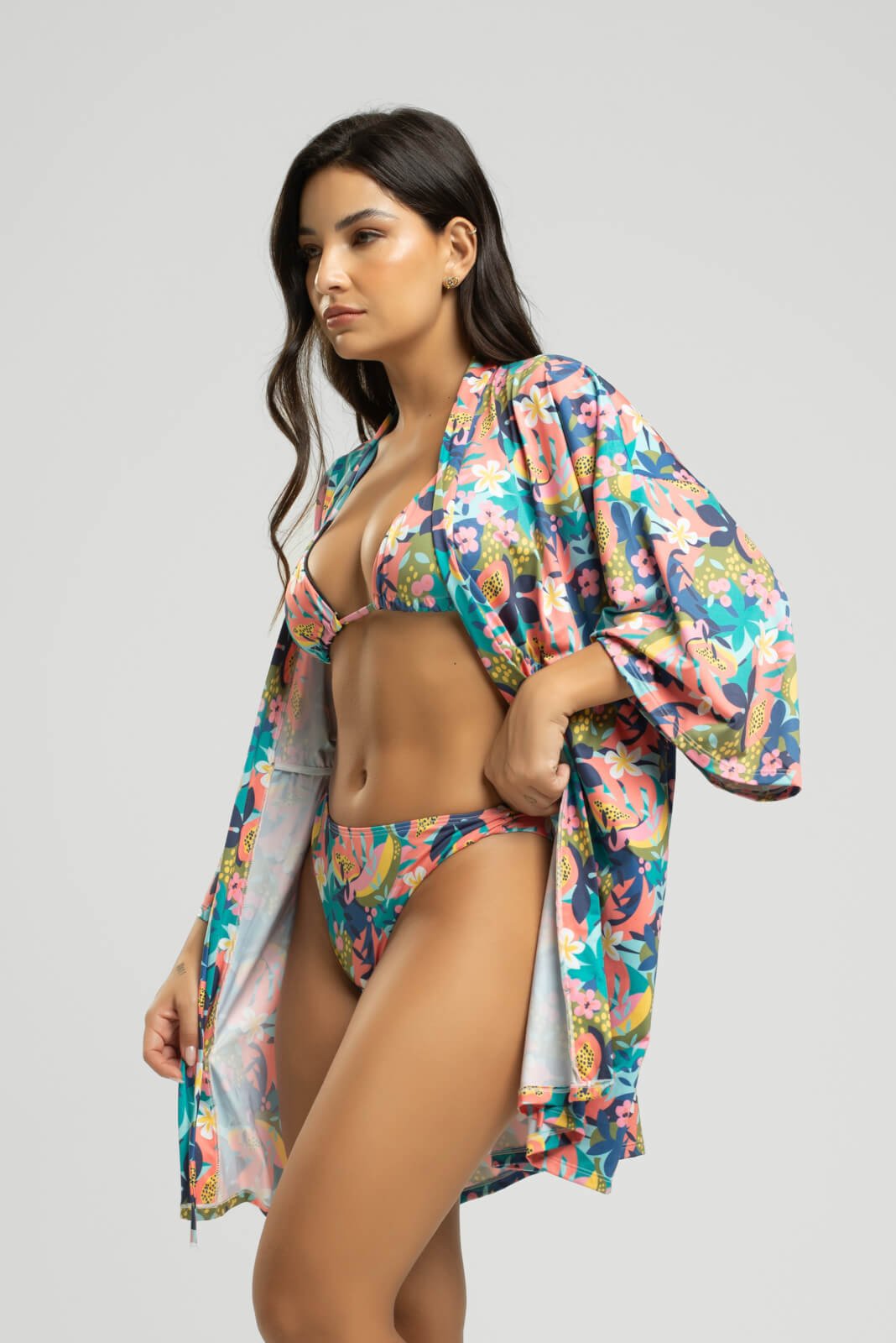 Vista 3 Saida de Praia Kimono Vicbela Curto Manga Longa Camisão De Amarrar Proteção UV Flor estampado/floral Vicbela estampado/floral
