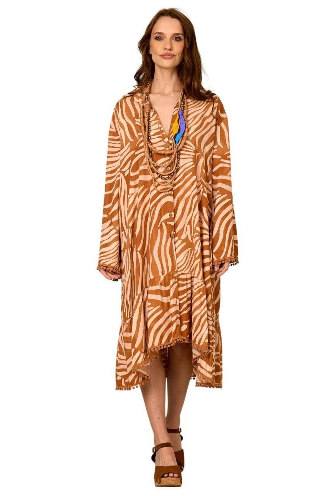 Chemise Curto Amplo Marrom Claro Estampado Yacamim N10 – Estampado