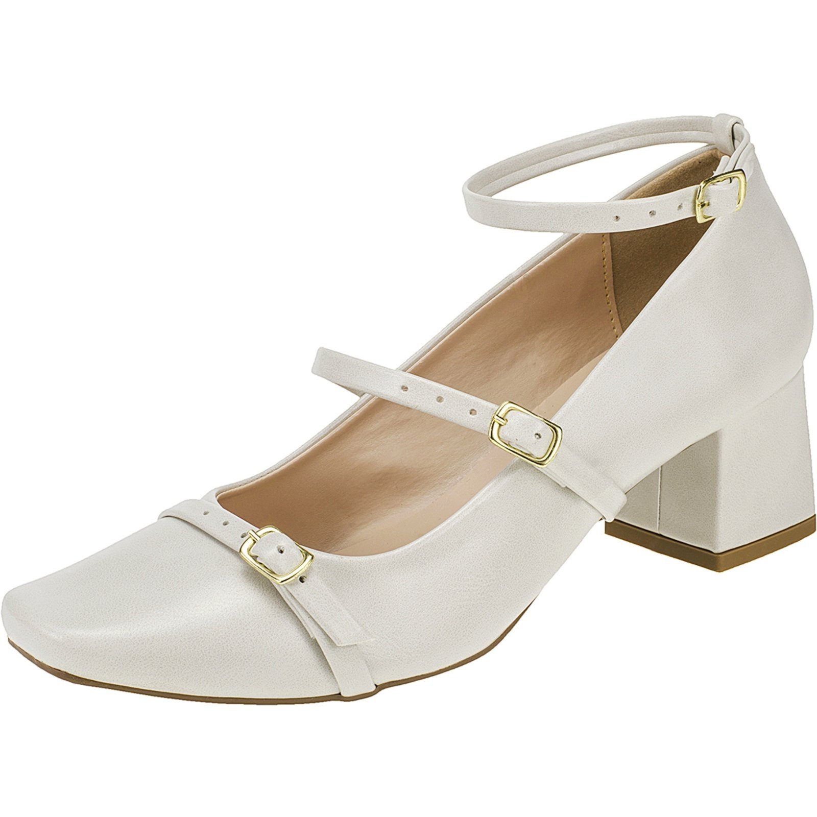 Sapato Feminino Salto Bico Quadrado Mary Jane Boneca Social Shekinah Tiras Fivelas Confortável Off White