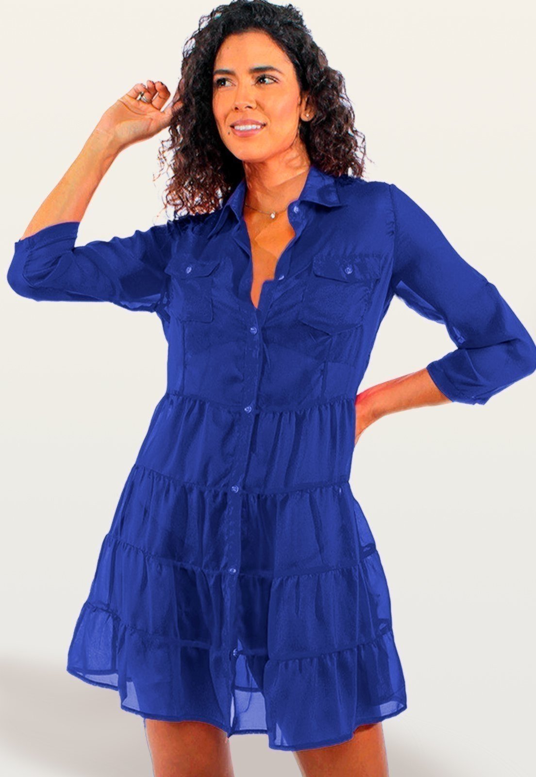 VESTIDO CHEMISE SAÍDA Evasê Manga 3/4 Babados Curto Crepe Semitransparente Liso Azul Marinho