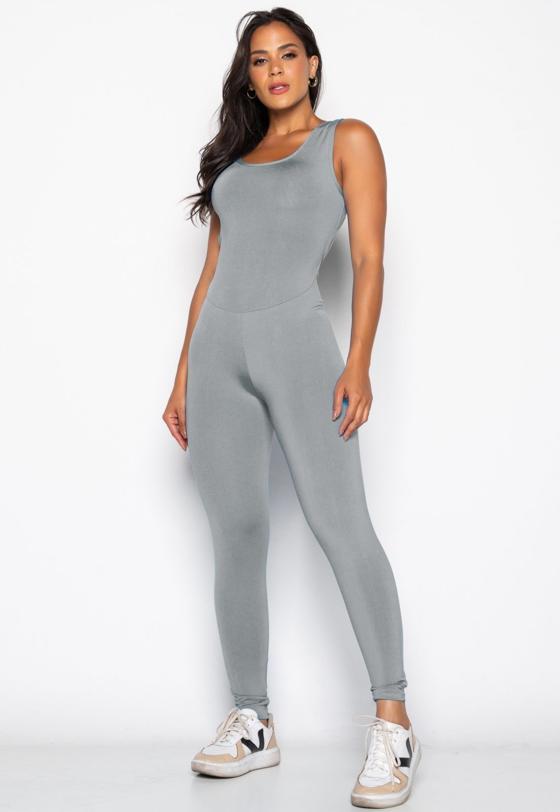 Macacão Mood Modas Longo Feminino Fitness Suplex Academia Ginástica 063 Cinza