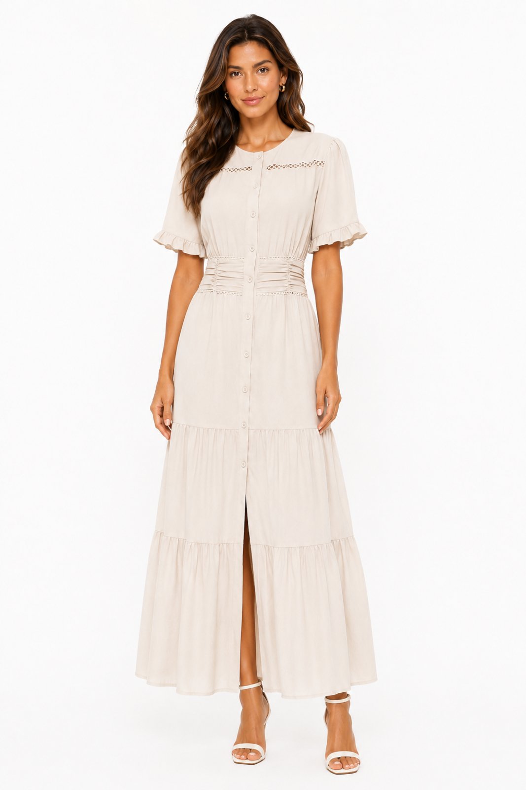 Vestido Longo D Bell Outlet Fashion Com Botões Bege
