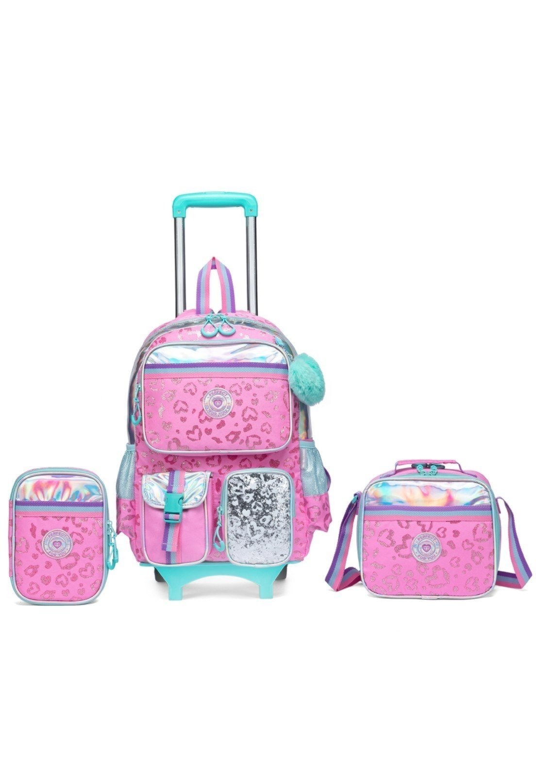 Vista 2 Infantil - Kit Mochila Rodinhas Menina Escolar Estojo Lancheira Térmica Perfect For You multicolorido Perfect For You multicolorido