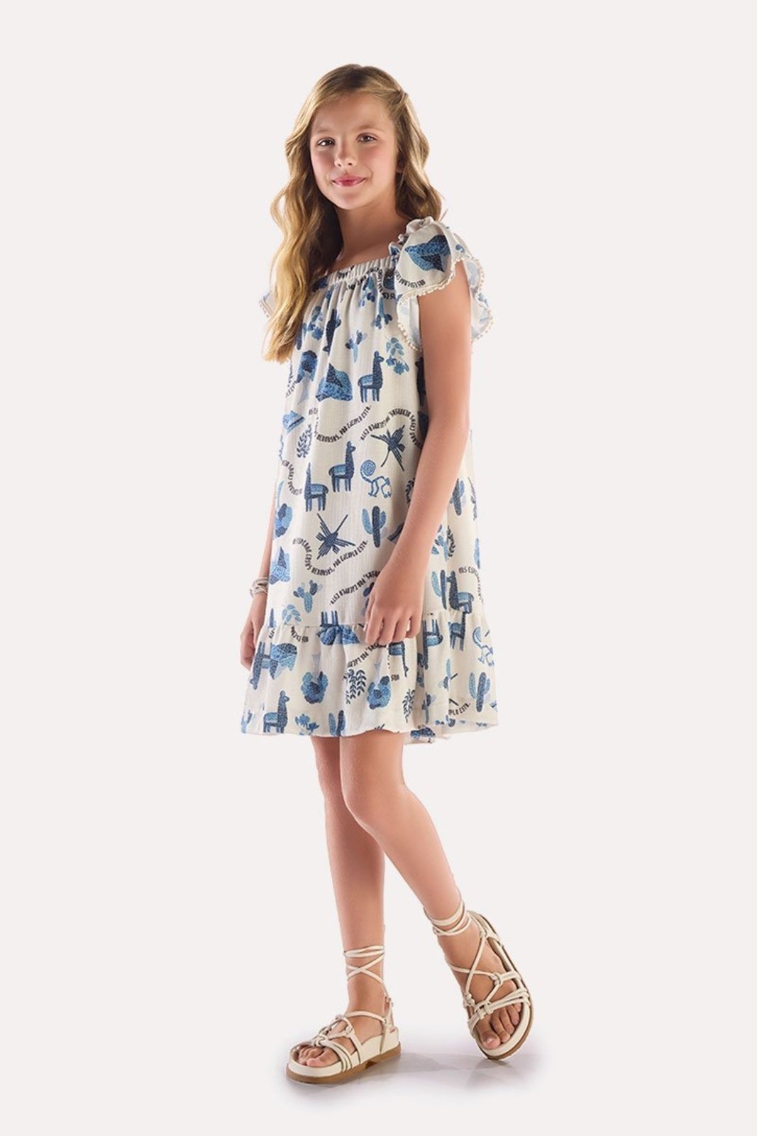 Infantil - Vestido Estampado com Renda Pompom Azul
