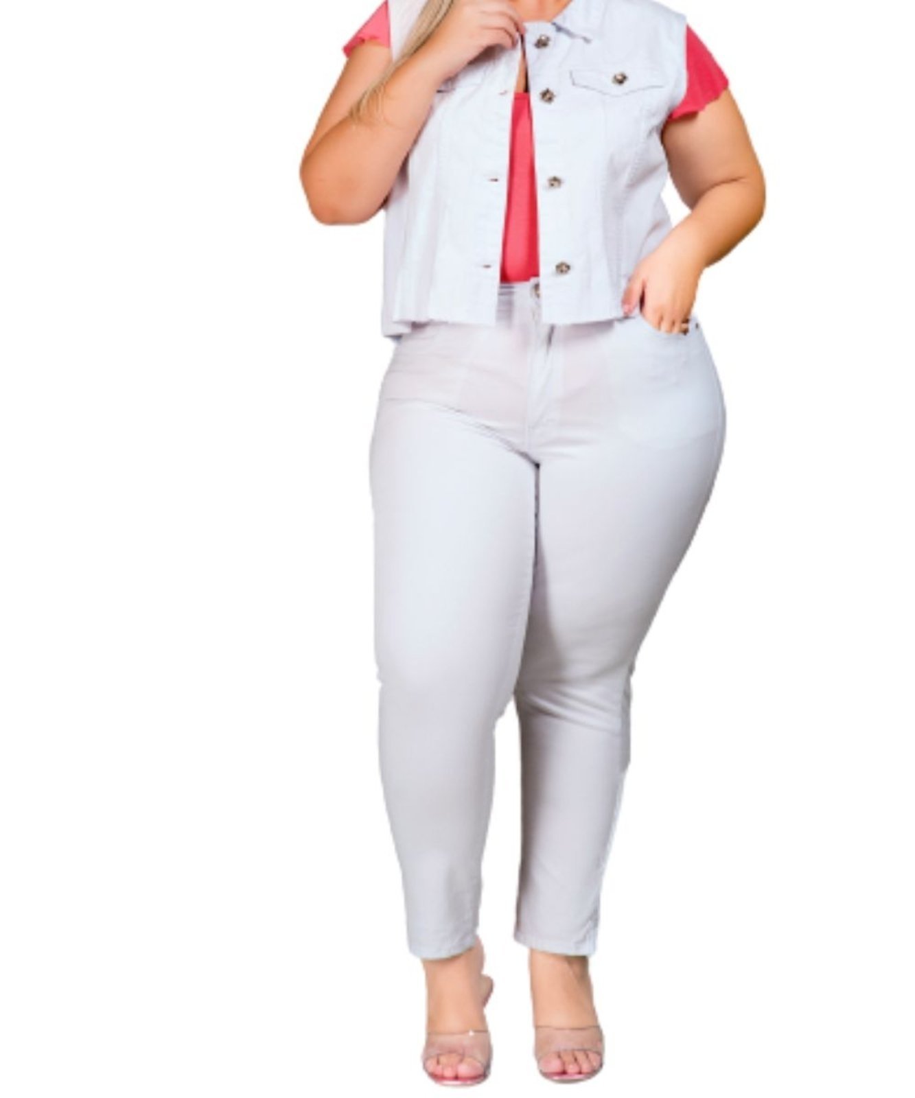 Vista 2 Colete Feminino Sarja Plus Razon Jeans branco branco