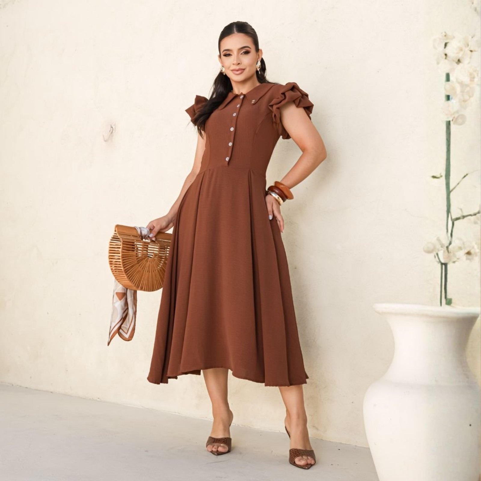 Vestido Feminino Midi Acinturado Saia Evasê Com Mangas Bufantes Moda Evangelica Modesta