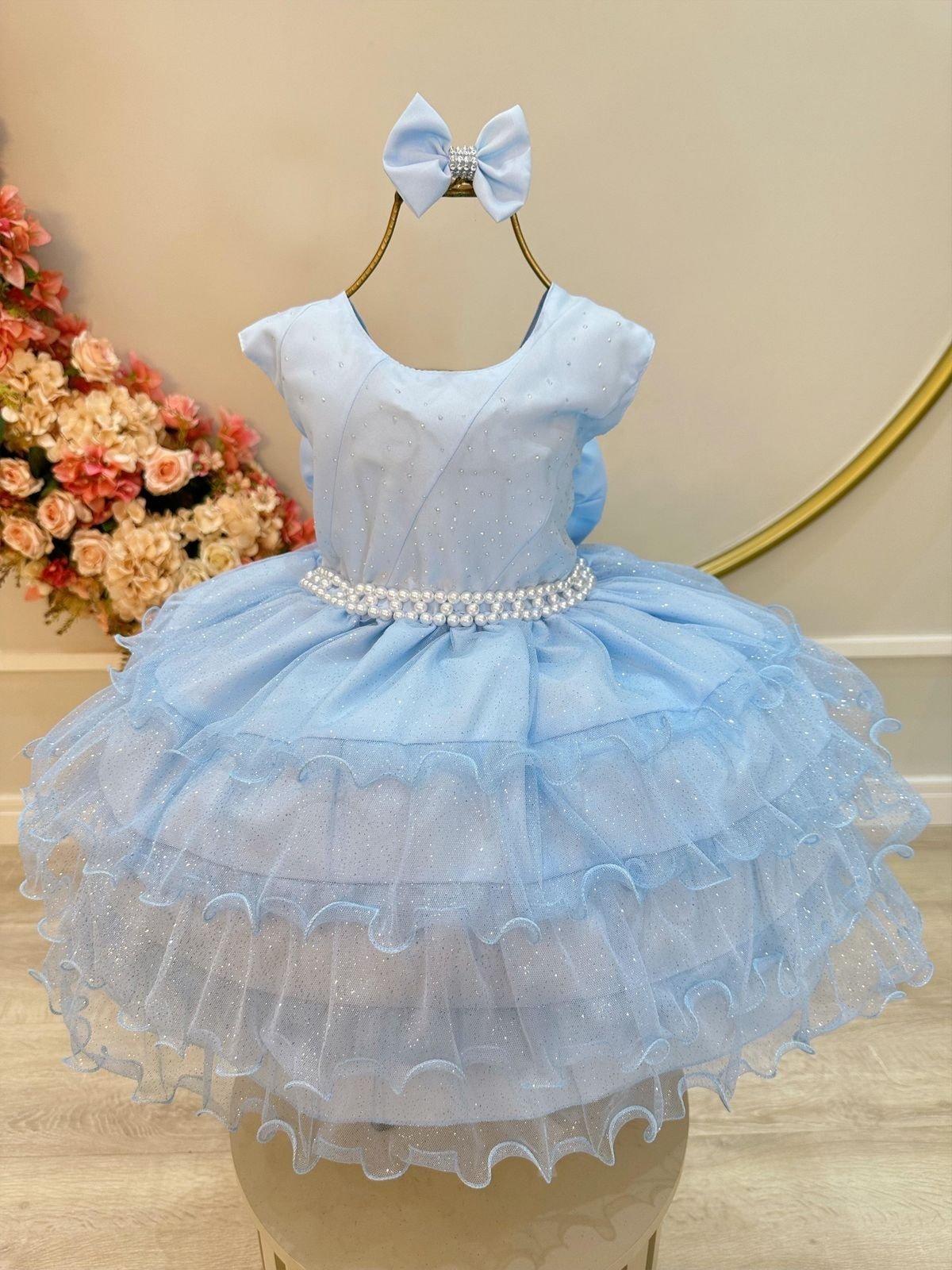 Infantil - Vestido Festa Azul Serenity Claro Brilho Pérolas Formatura Casamento Dama Daminha Florista Princesa Social Rodado Aniversário Luxo Menina Juvenil