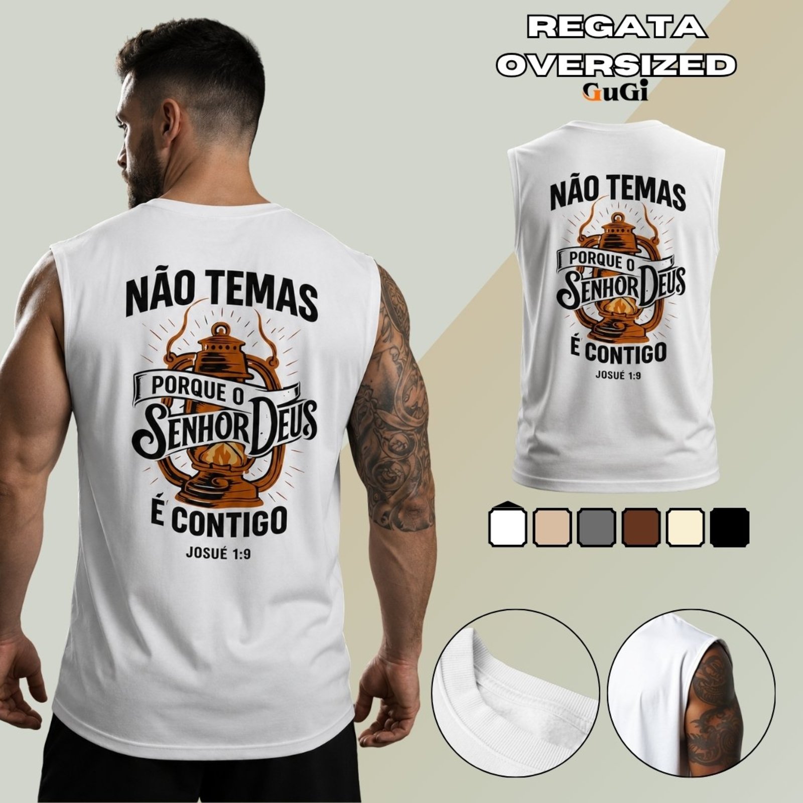 Camiseta Regata Masculina Oversized Estampada Versiculo Josué 9:1 100% Algodão 30.1 Branco