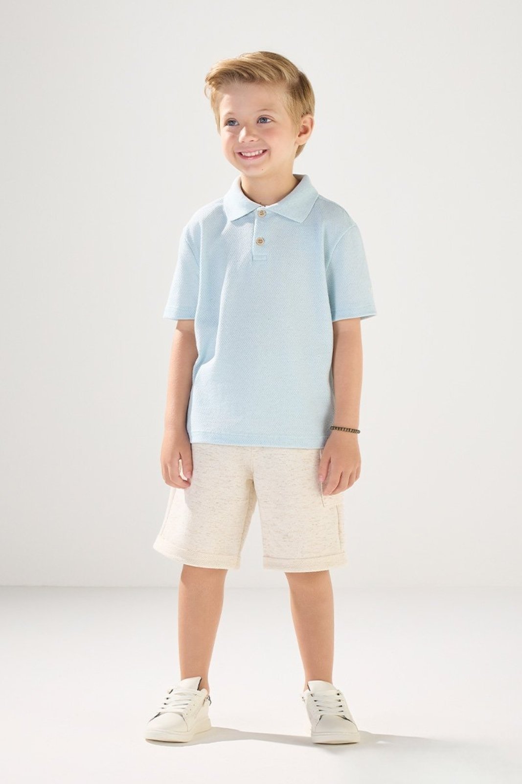 Infantil - Conjunto Polo Bordada e Bermuda com Linho