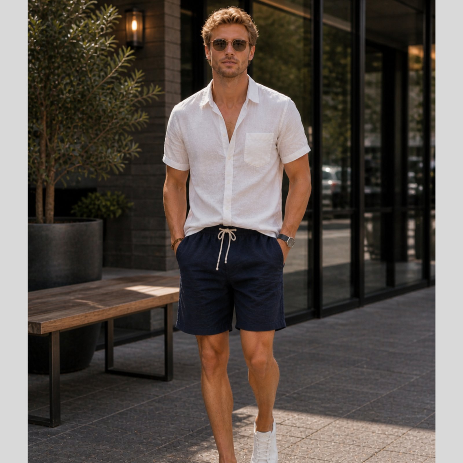 Bermuda De Linho Masculina Short Com Cordão Mauricinho Leve Azul Marinho