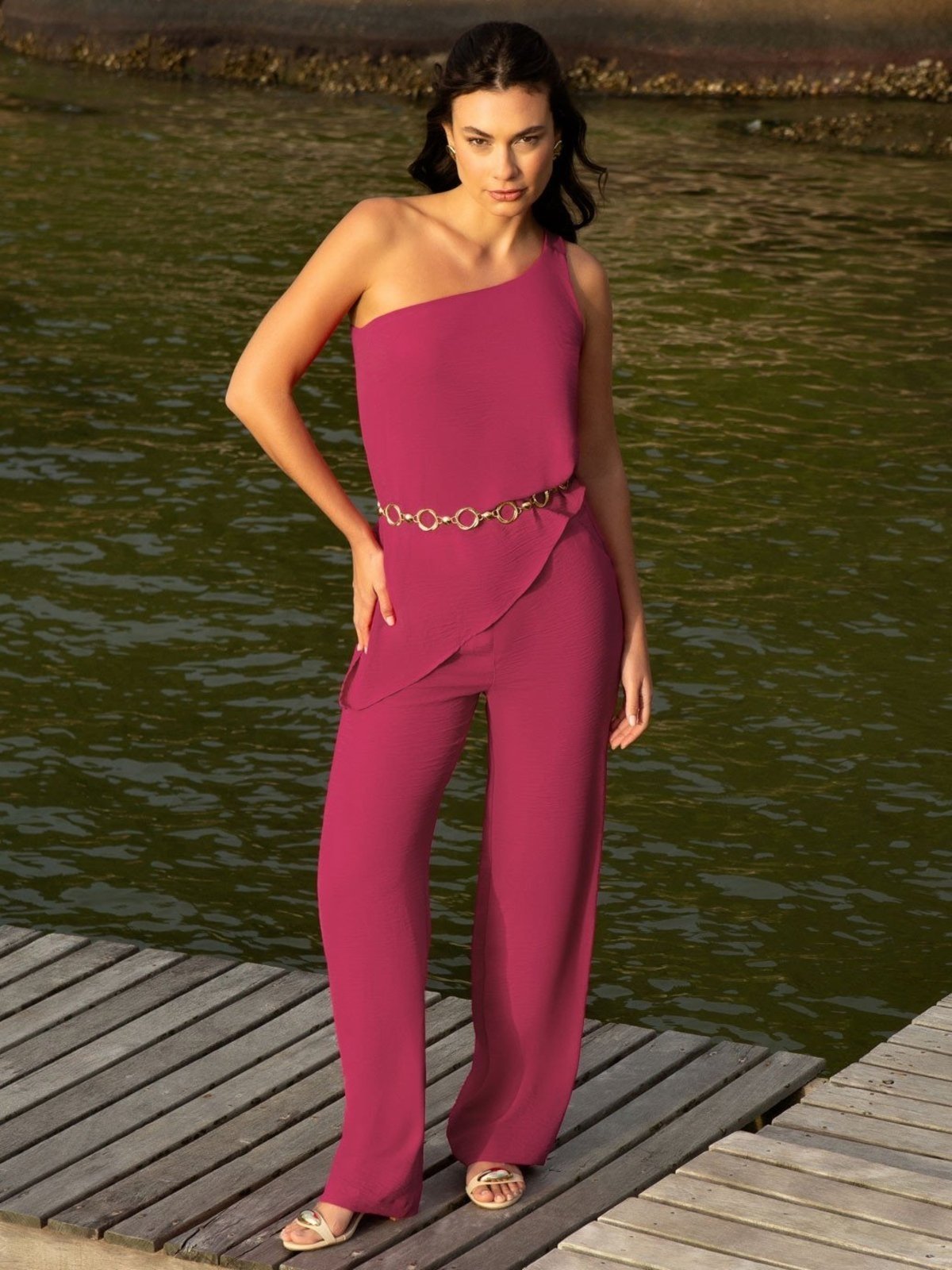 Calça Wide Leg Crepe Rosa Hanna