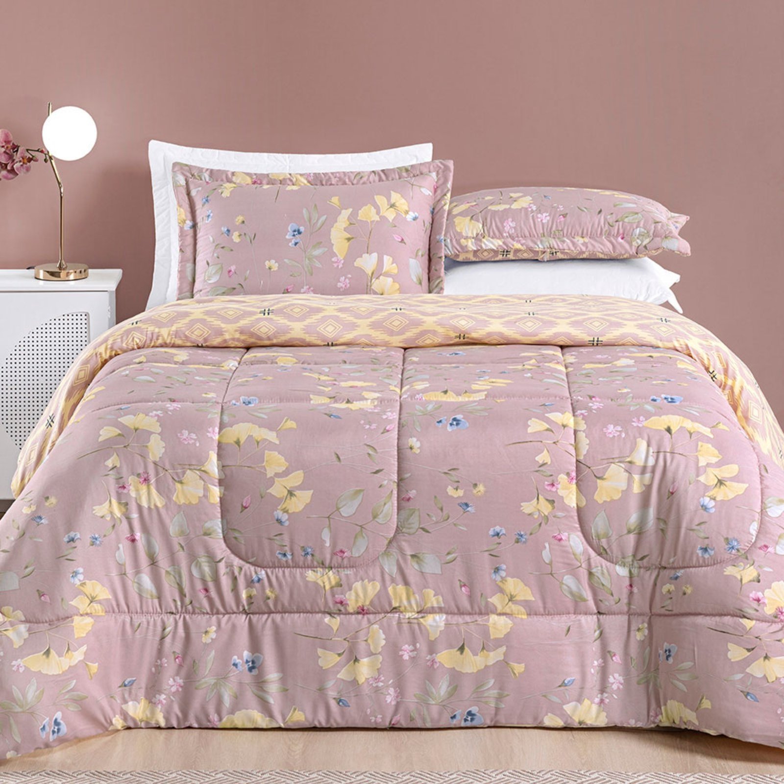 Kit Edredom Casa Scarpa Dallas Super King Dupla Face Microfibra 3 Peças - Rosê Lavanda Floral
