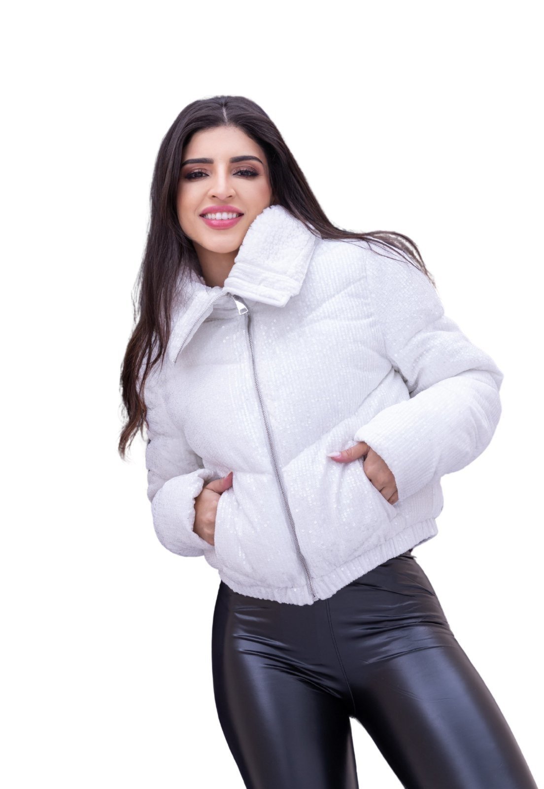 Jaqueta Puffer Premium Paetê Forrada Inverno Grossa Paulla Branco