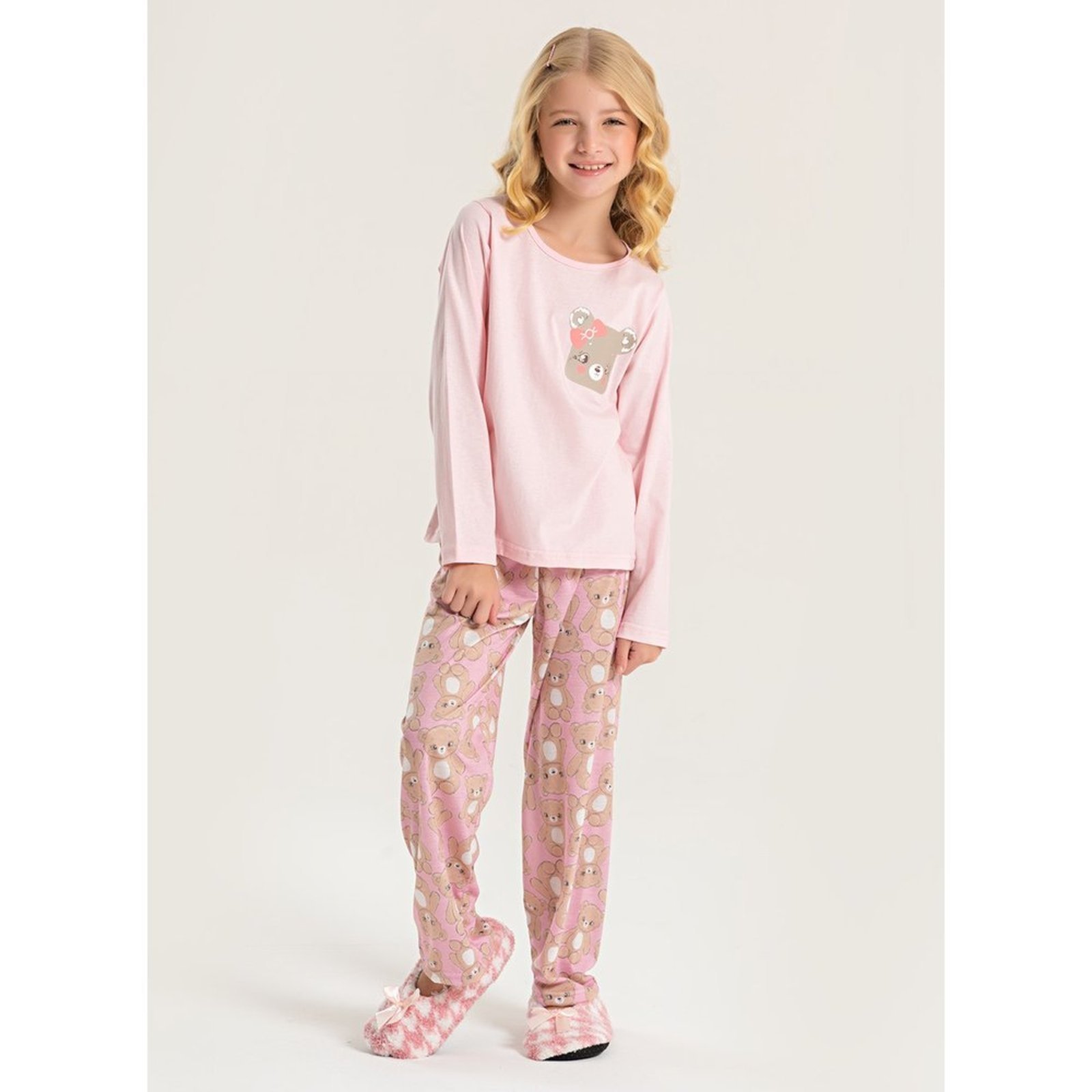 Pijama Longo Menina Rosa Blusa e Calça Ursinha Carinhosa