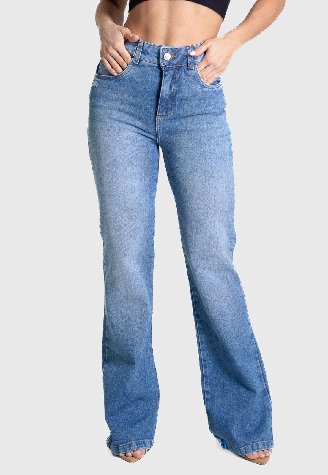 Calça Jeans Feminina Sawary Bootcut Cintura Alta Azul Claro