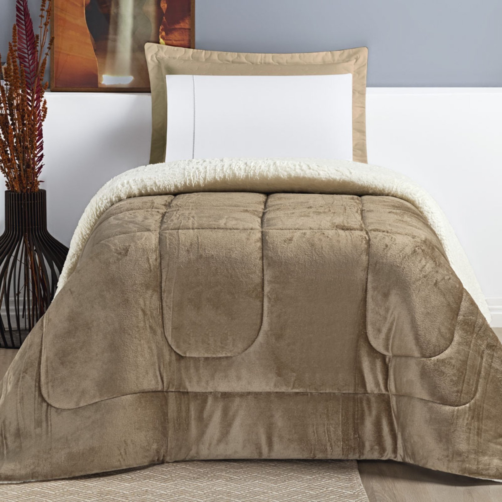 Coberdrom Casa Scarpa Apollo Solteiro Sherpa Manta Flannel Toque Lã de Carneiro - Bege